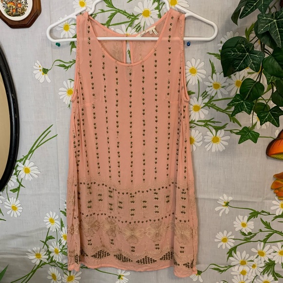 Anthropologie Tops - Anthro Floreat sheer pink gold embroidered tank